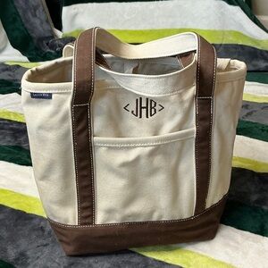 Lands' End Cream and Brown Canvas Duffel Tote